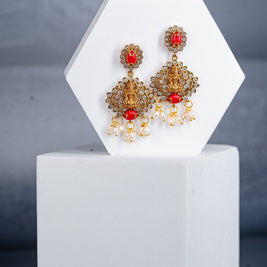 Floral Temple Necklace Set with Coral and Dazzling Stones