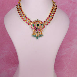 Elegant Floral Jadau Kundan Necklace with Green Bead Drops