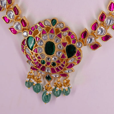 Elegant Floral Jadau Kundan Necklace with Green Bead Drops