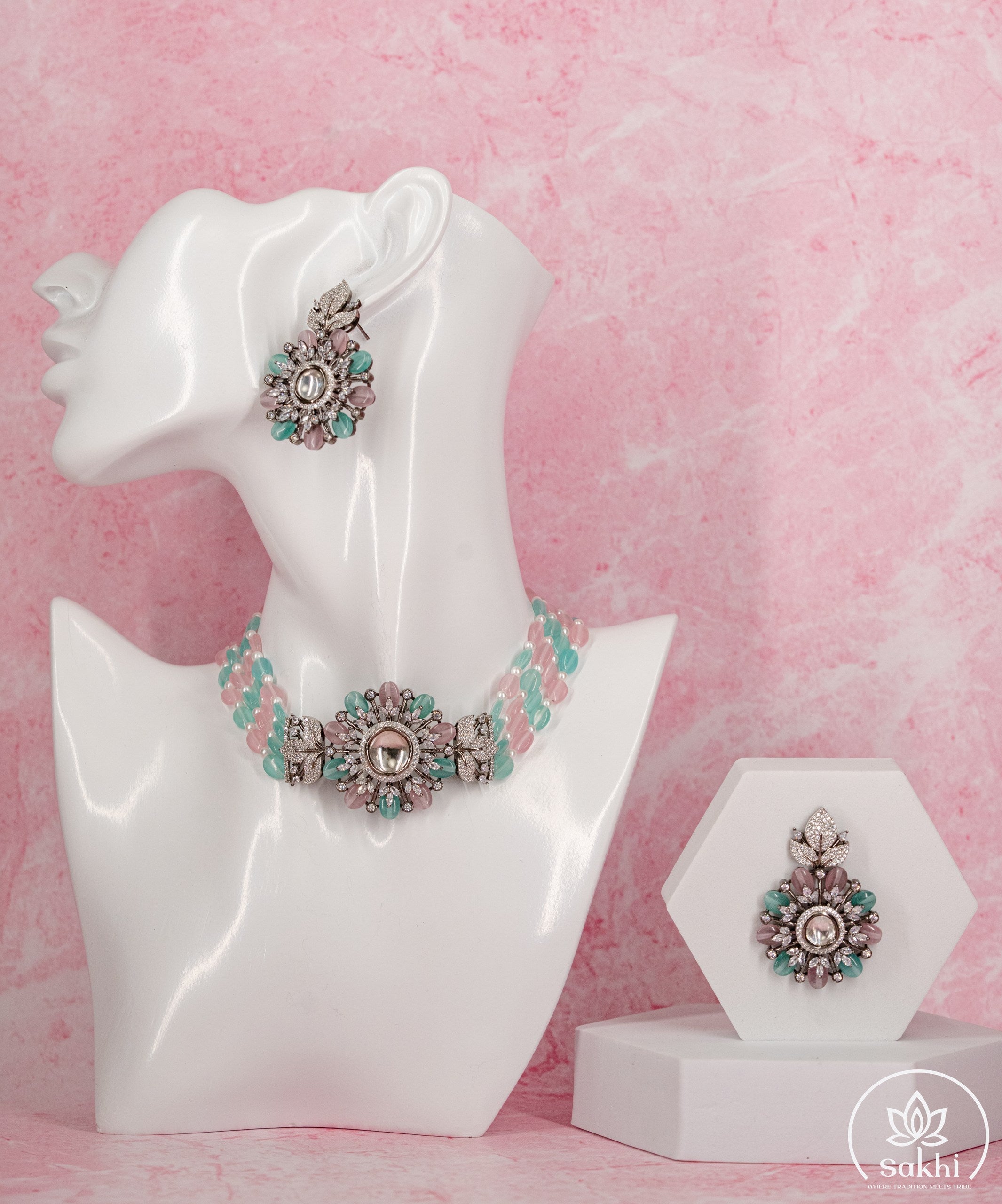 Floral Pastel Bead Choker Necklace Set