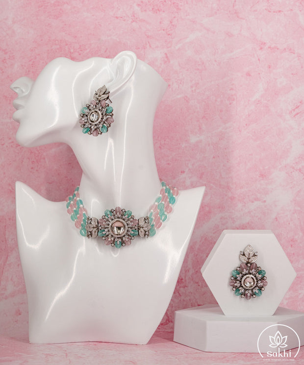 Floral Pastel Bead Choker Necklace Set