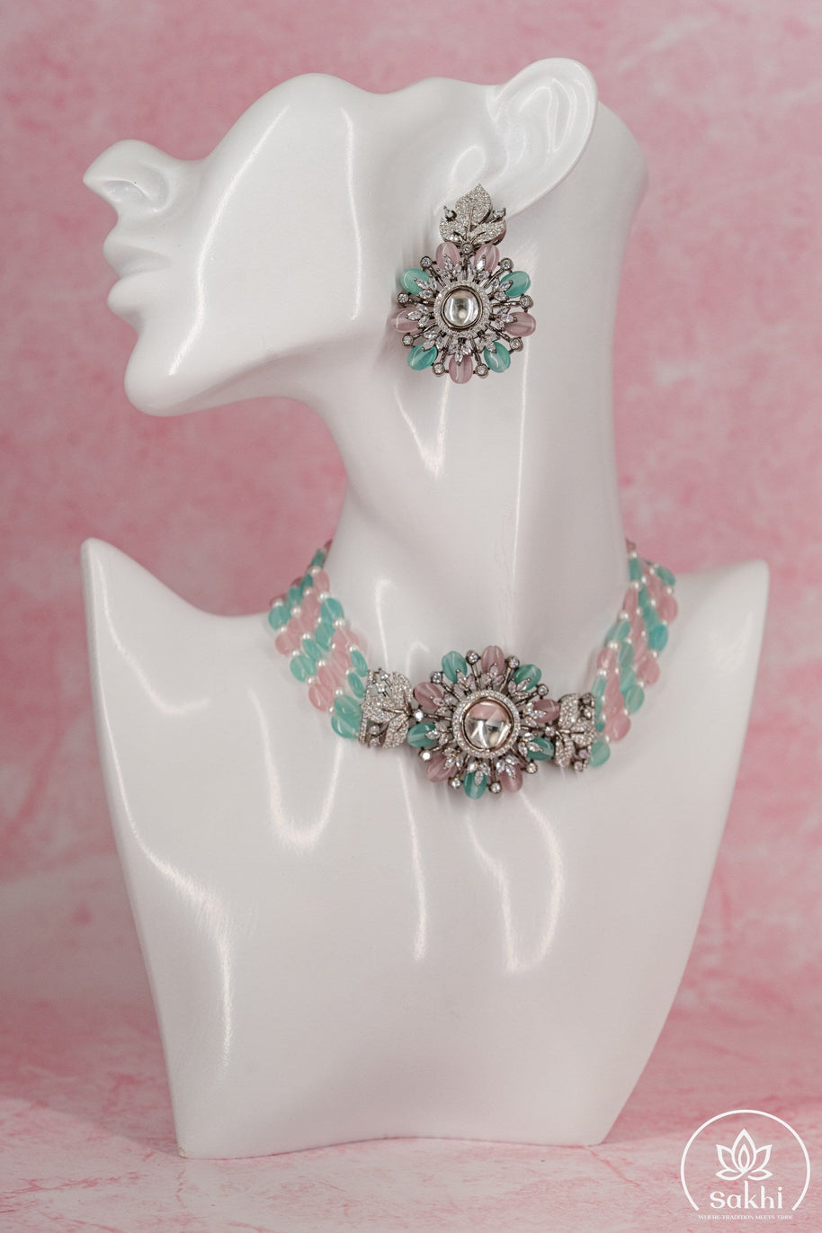 Floral Pastel Bead Choker Necklace Set