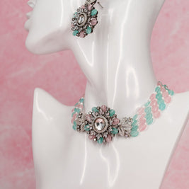 Floral Pastel Bead Choker Necklace Set