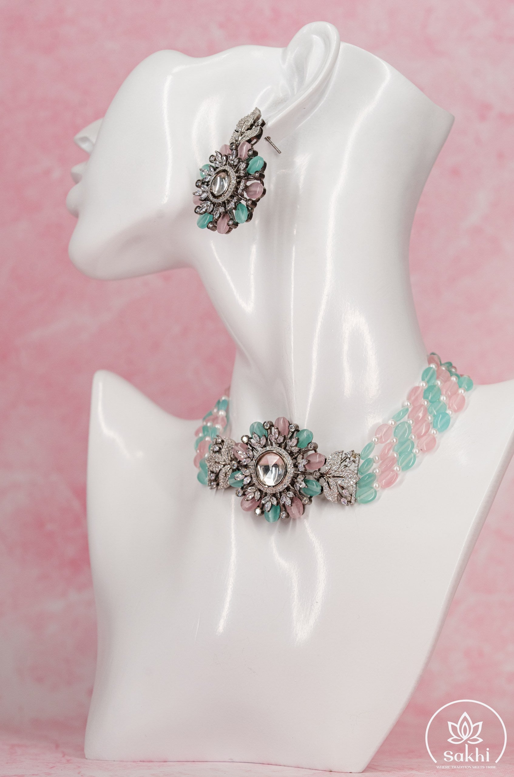 Floral Pastel Bead Choker Necklace Set