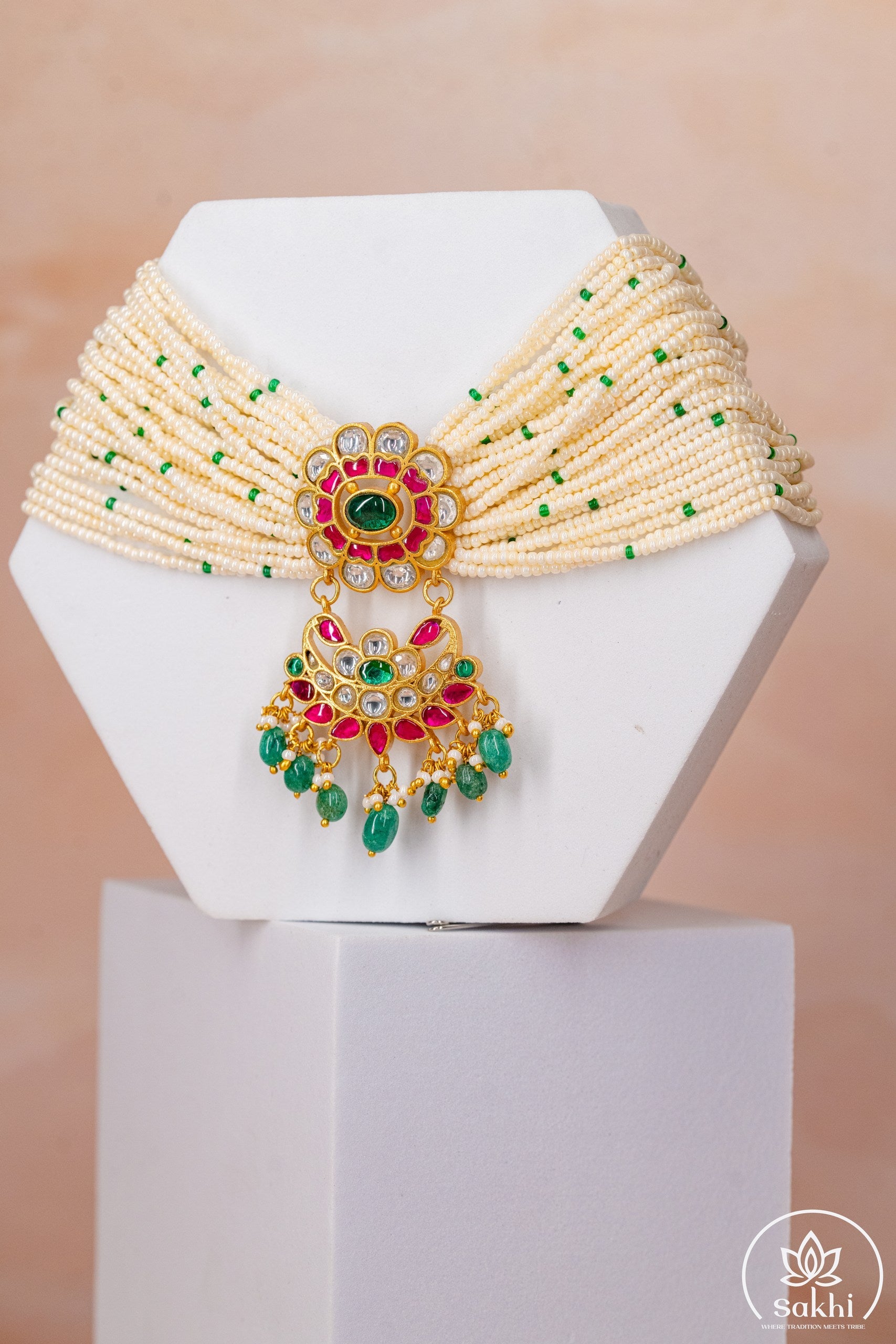 Pearl Choker with Floral Jadau Kundan Pendant