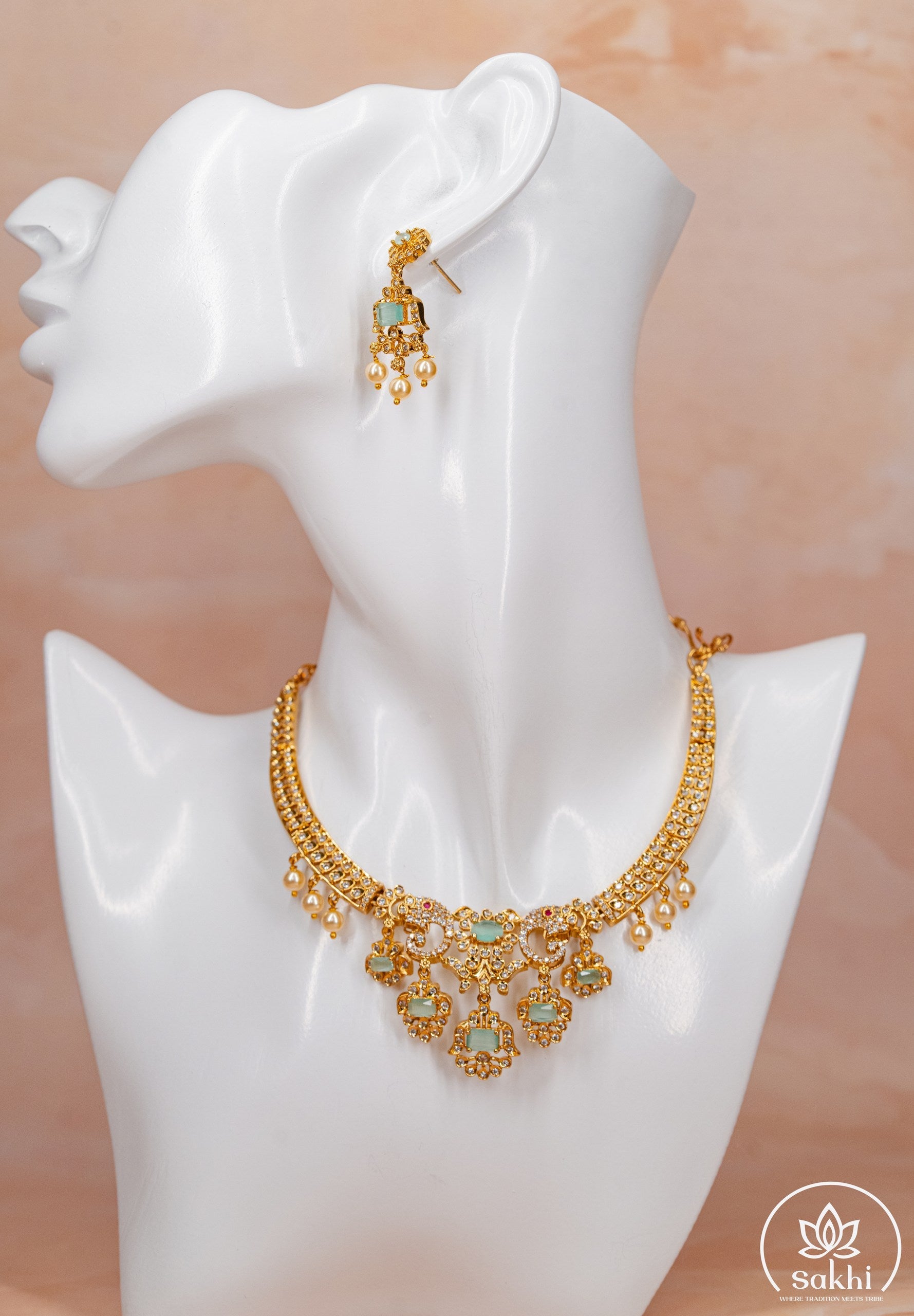 Elegant White and Green Stone Necklace Set