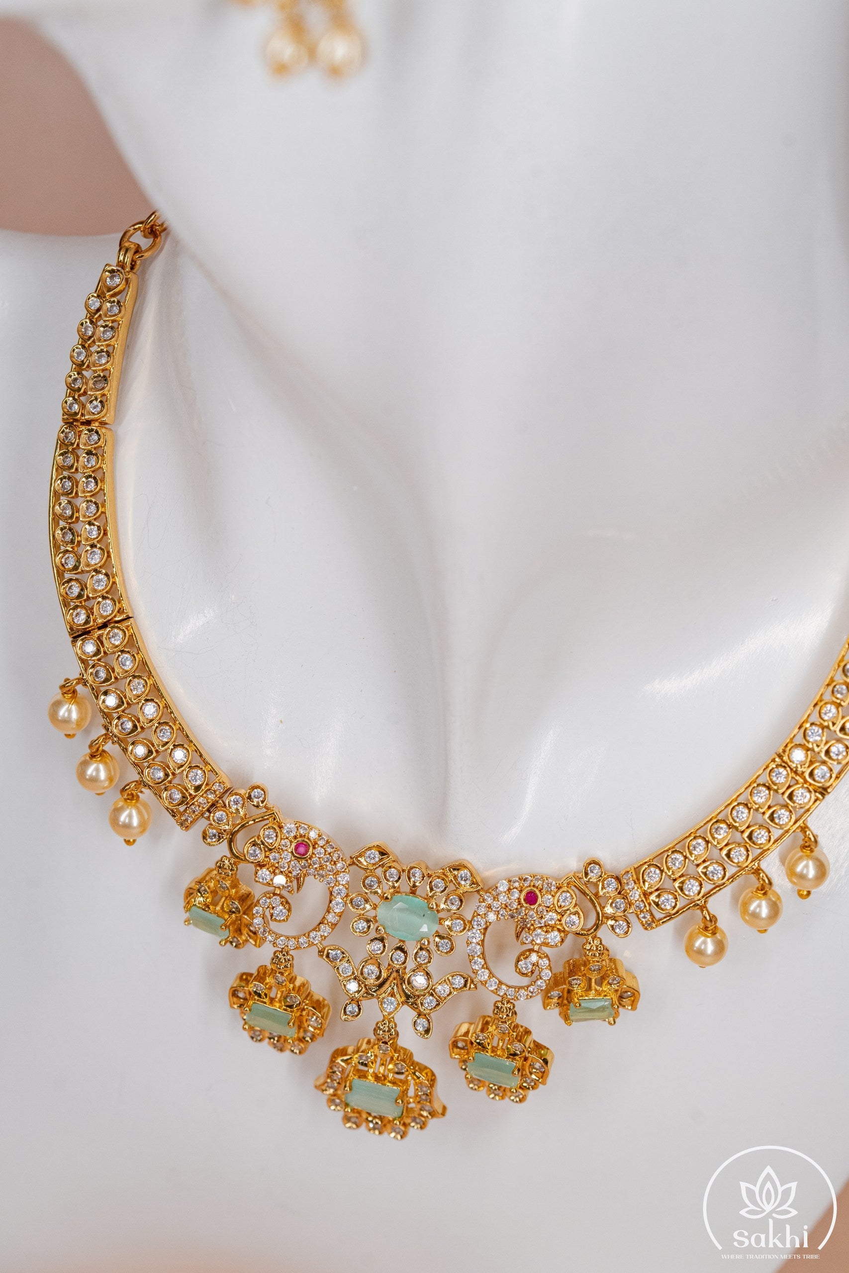 Elegant White and Green Stone Necklace Set