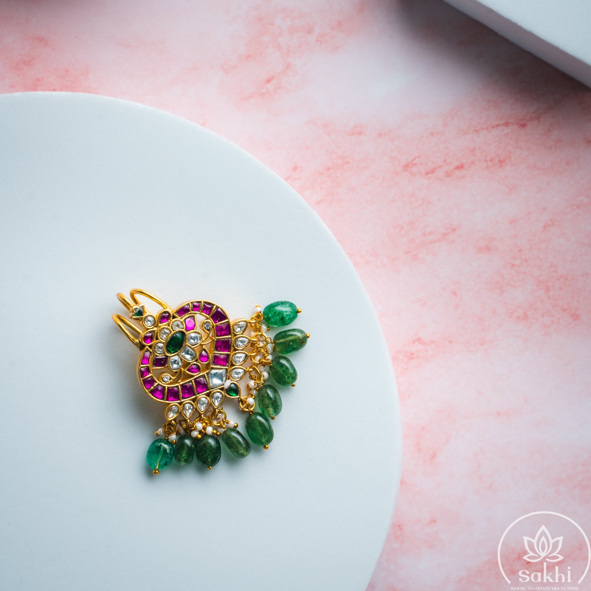Jadau Kundan Emerald Drops Pendant