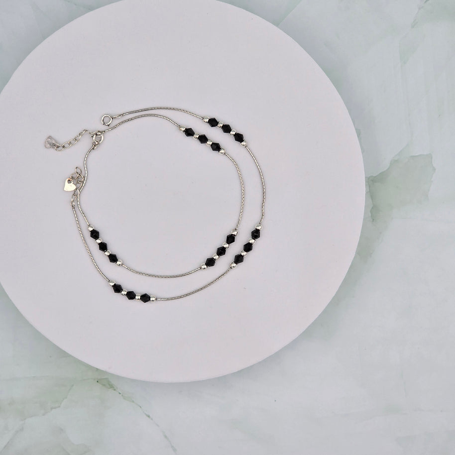 Black Bead 92.5 Sterling Silver Anklets (Pair)