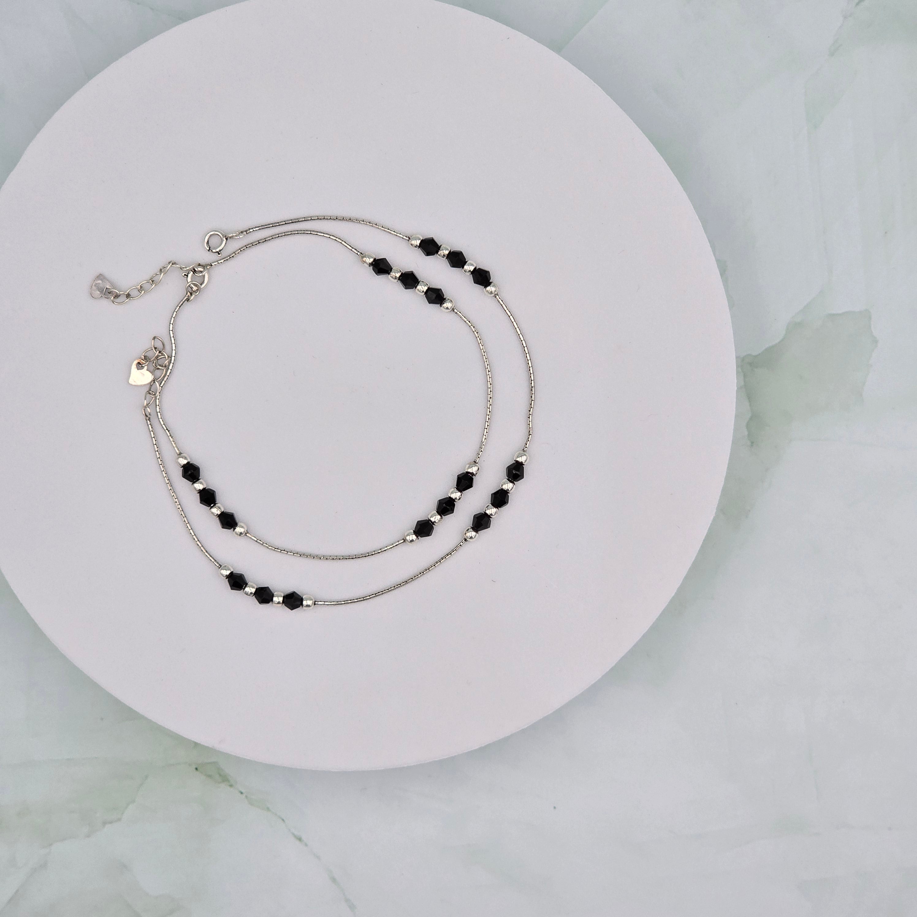Black Bead 92.5 Sterling Silver Anklets (Pair)