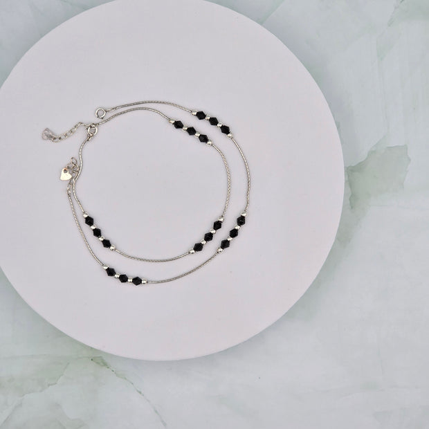 Black Bead 92.5 Sterling Silver Anklets (Pair)