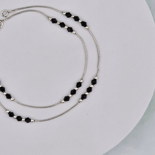 Black Bead 92.5 Sterling Silver Anklets (Pair)