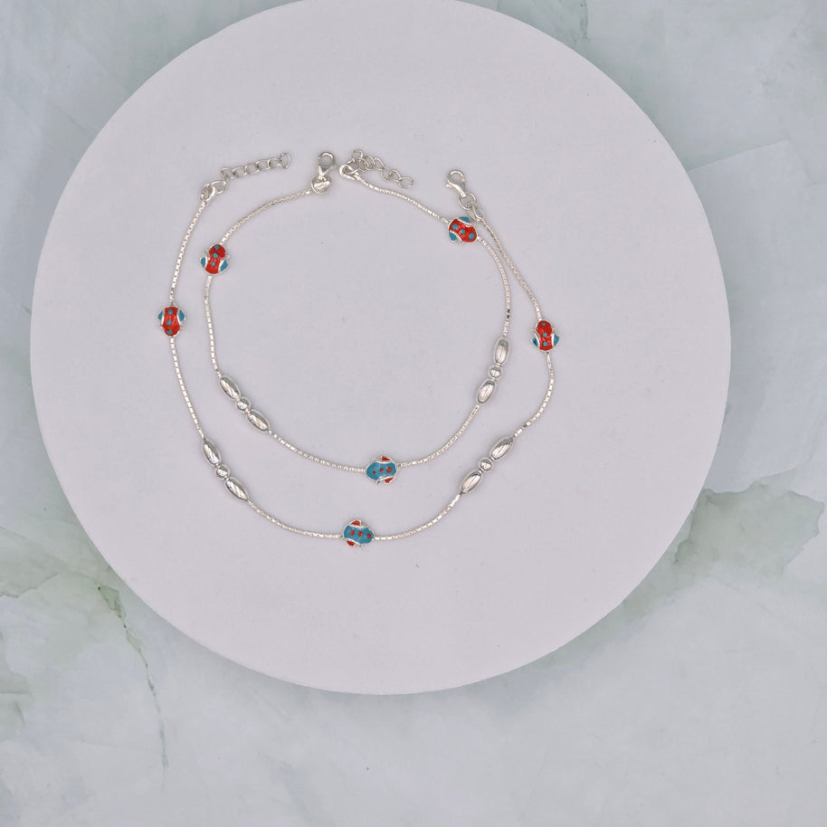 Color Bead 92.5 Sterling Silver Anklets (Pair)