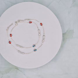 Color Bead 92.5 Sterling Silver Anklets (Pair)