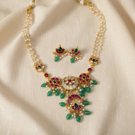 Jadau Kundan With Pearl Chain Necklace Set