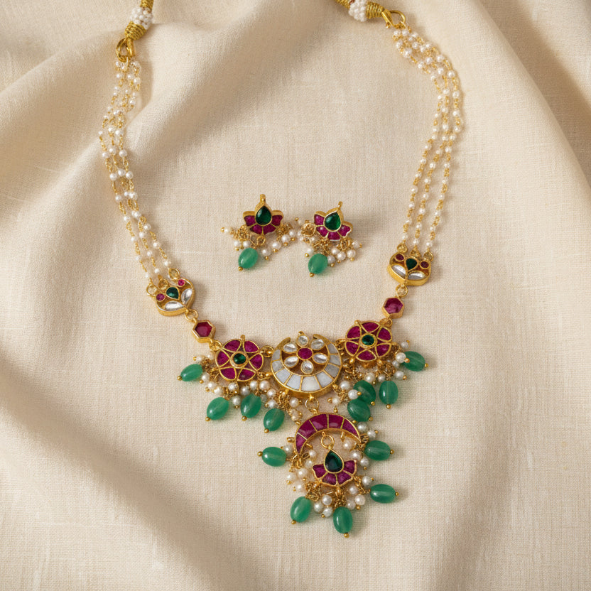 Jadau Kundan With Pearl Chain Necklace Set