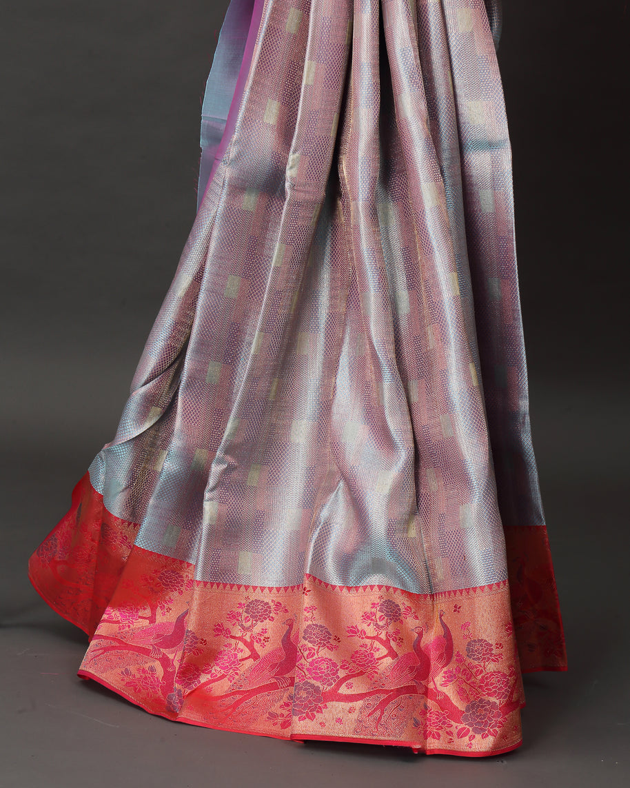 Grey and Coral Kanchipuram Silk Saree