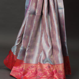 Grey and Coral Kanchipuram Silk Saree
