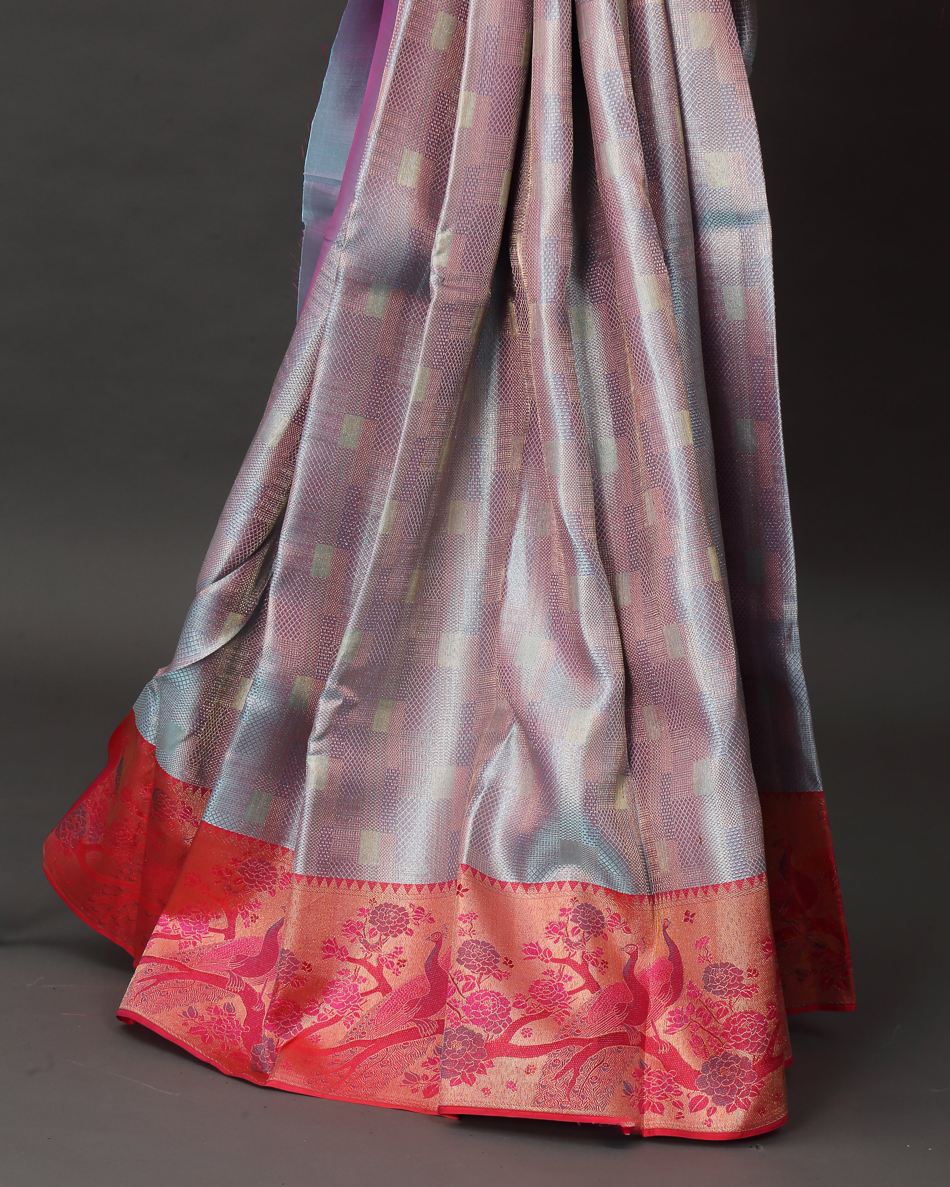 Grey and Coral Kanchipuram Silk Saree