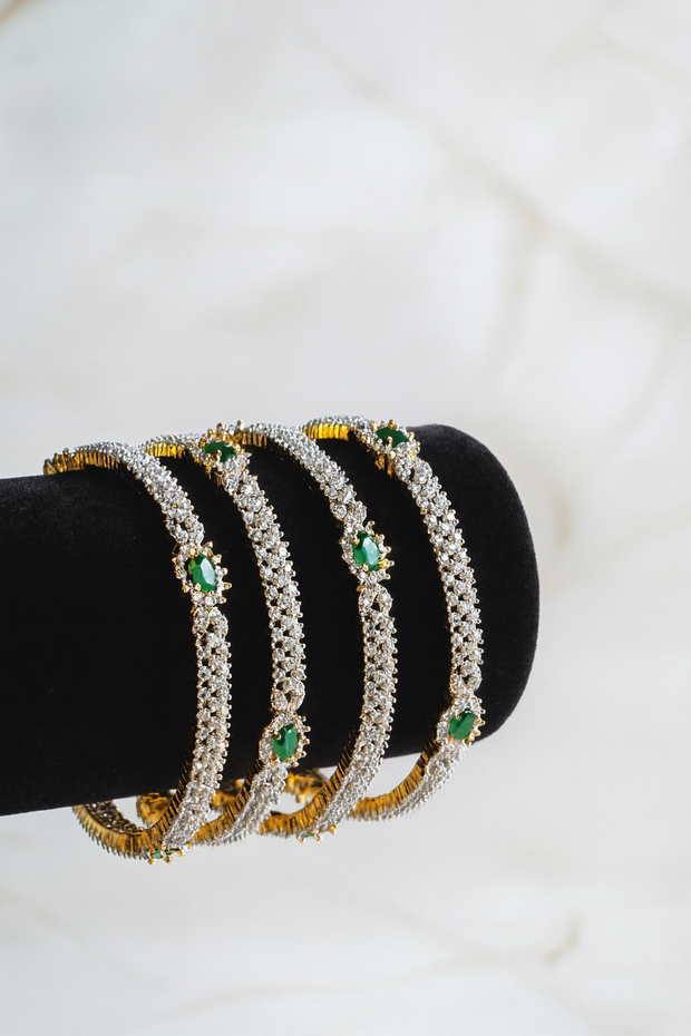 Emerald Diamond Bangles in Gold Finish (Set of 4)
