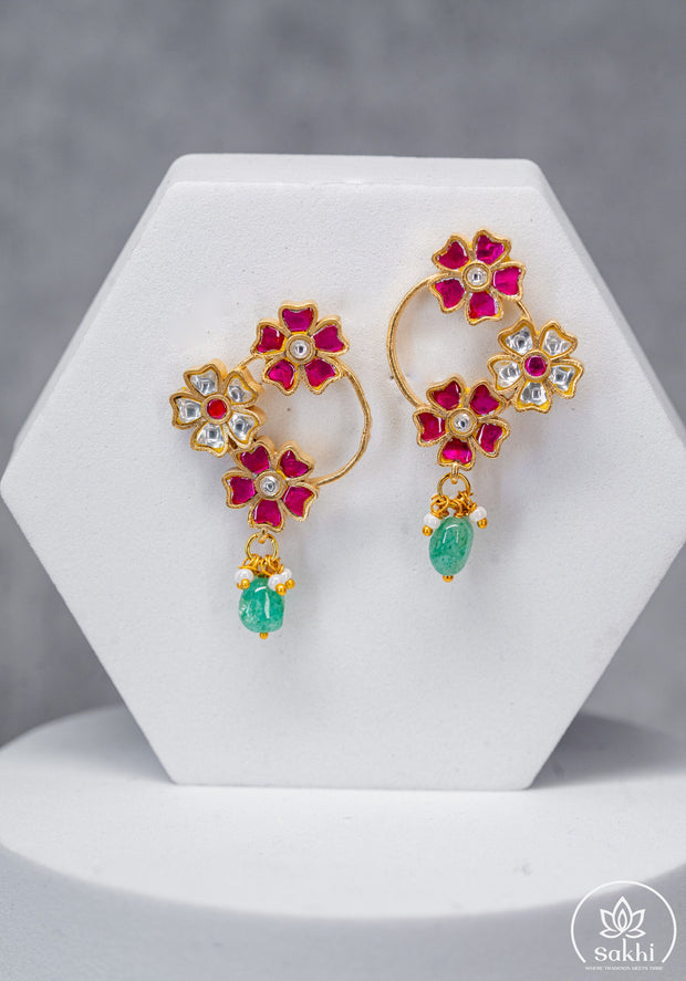 Floral Jadau Kundan Earrings (Pink and White)