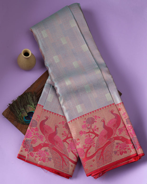 Grey and Coral Kanchipuram Silk Saree