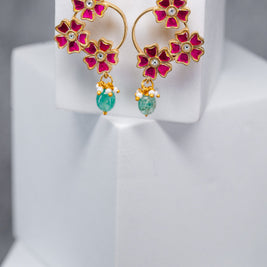 Floral Jadau Kundan Drop Earrings (Pink)
