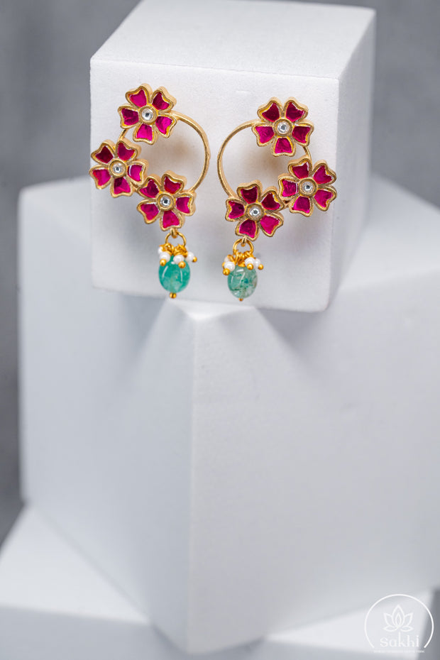 Floral Jadau Kundan Drop Earrings (Pink)