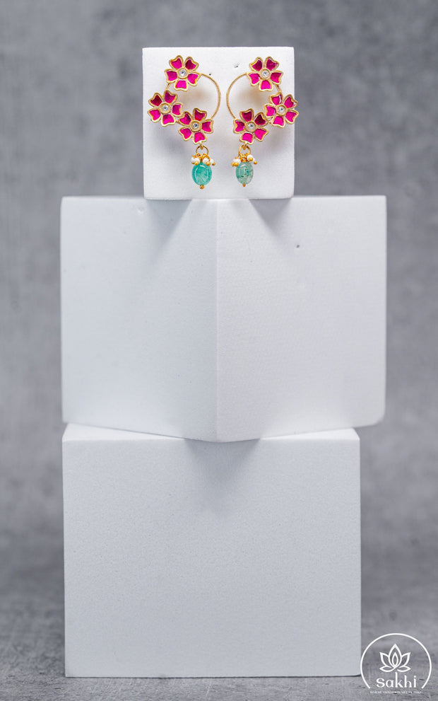 Floral Jadau Kundan Drop Earrings (Pink)