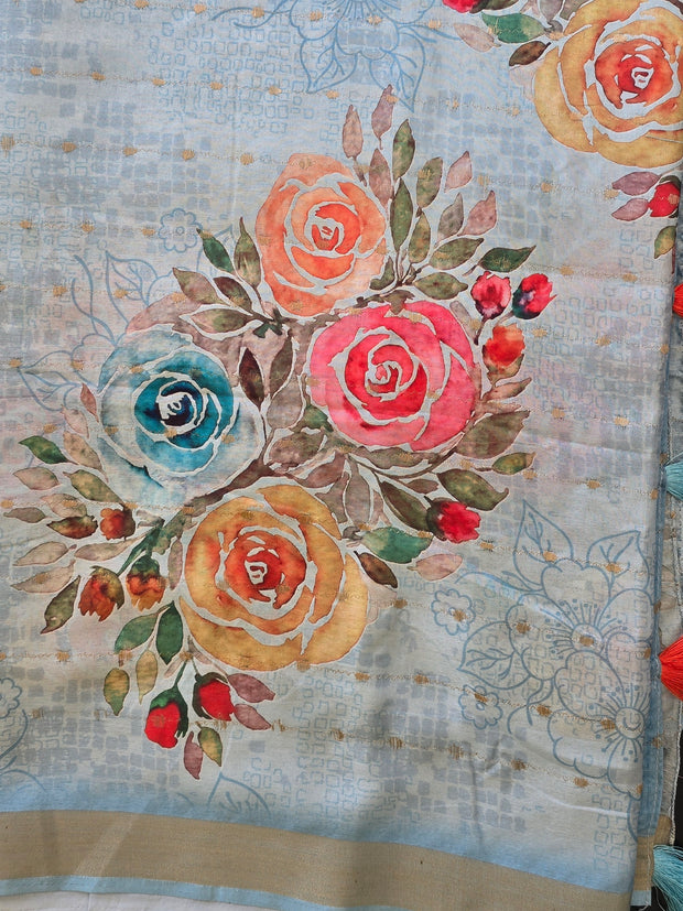 Sky Blue Soft Organza Saree With Matching Blouse